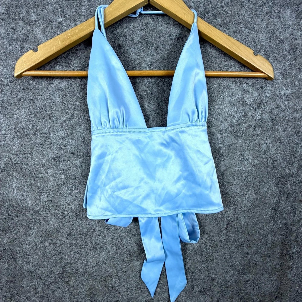 More To Come Halter Top Womens S Blue Alana Revolve Satin Tie Back Plunge Top